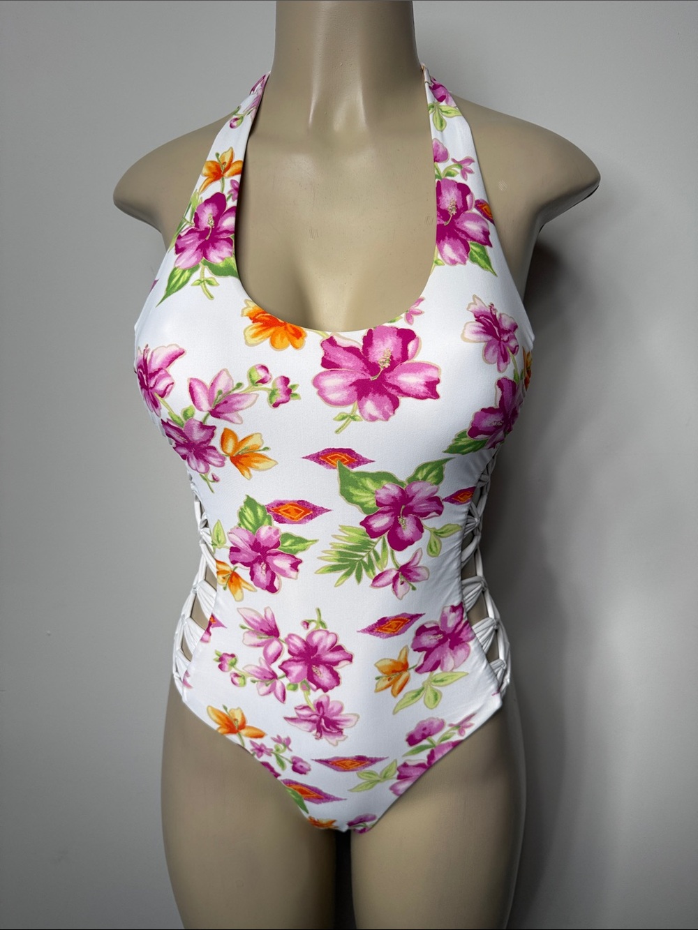 Frankie's Bikinis White Floral Halter One-Piece with Pink & Orange Blooms